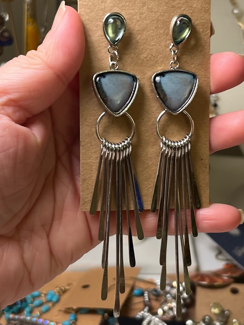 Silver-Tone Blue Stone Fringe Drop Earrings
